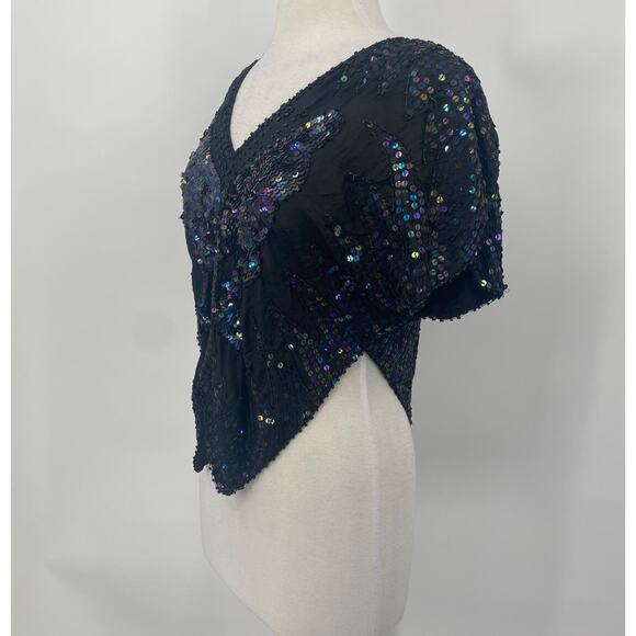 Vintage 80s Silk Beaded Sequined Butterfly Top V Neck Pullover Cropped Black M - Picture 5 of 9